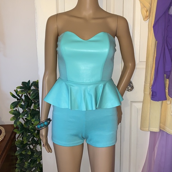 Turquoise strapless bustier leather peplum shorts romper playsuit jumpsuit S - Picture 9 of 15